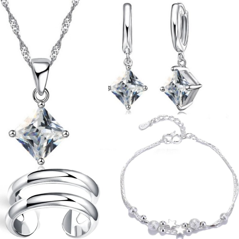 đ Luxury 925 Sterling Silver Necklace Earrings Bracelet Ring Adjustable Trendy - Picture 1 of 13